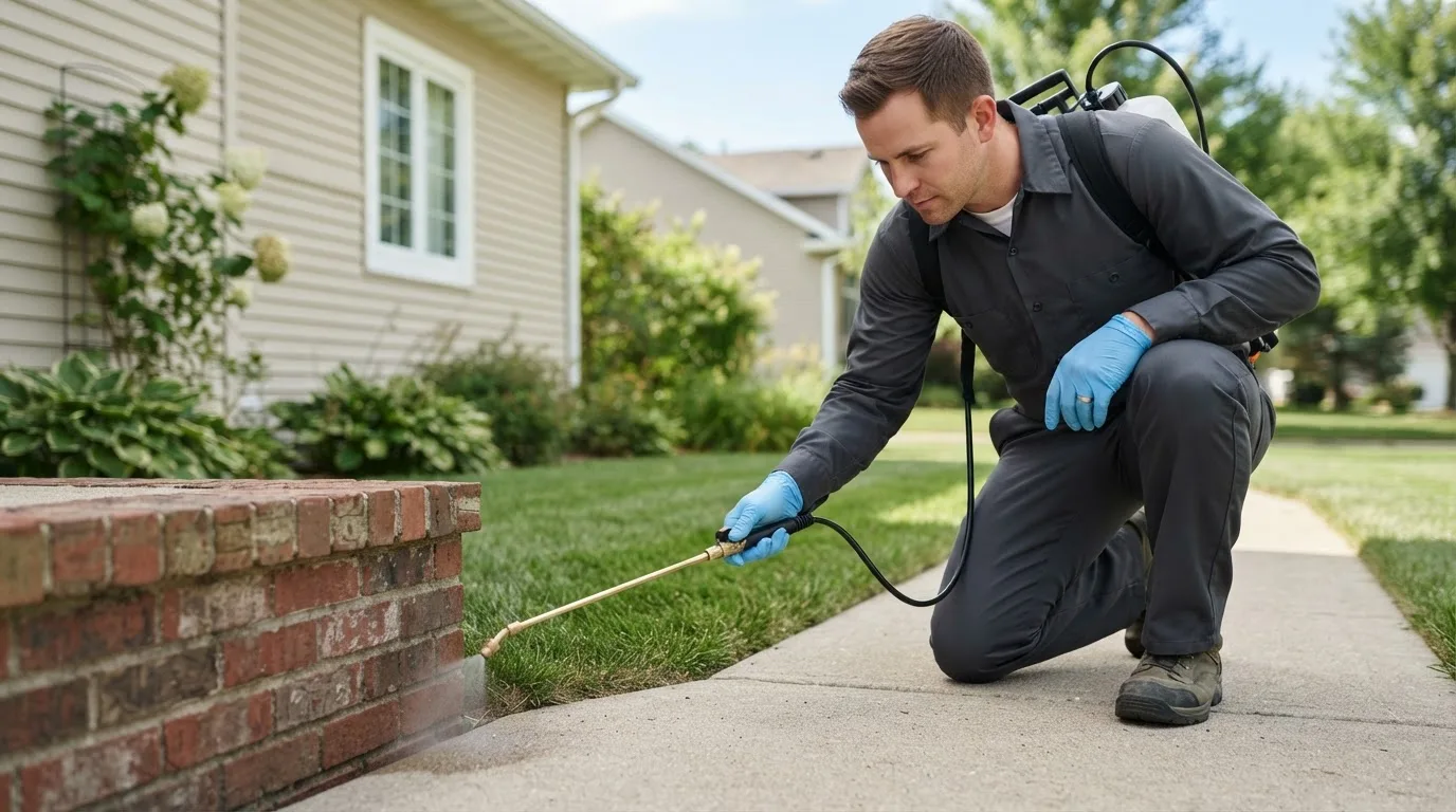 Pest control technician treating a home near Renville, MN
